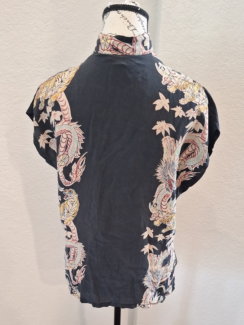 Avanti Dragon And Tiger Tea Timer 100% Silk Mandarin Collar Top Size Small Black - Picture 6 of 11